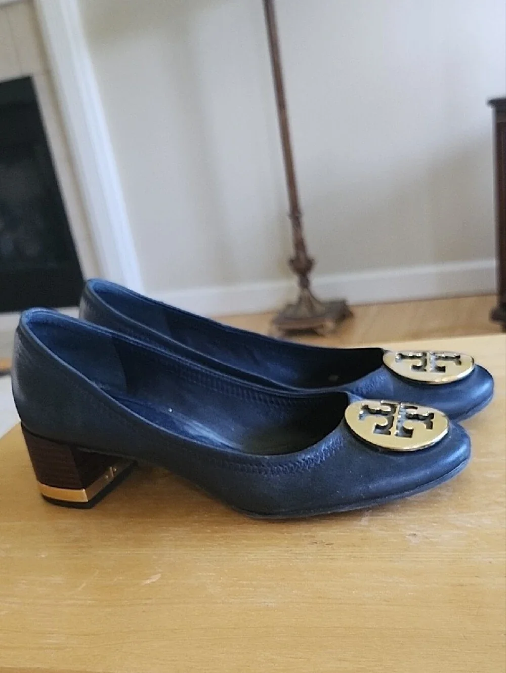 Tory Burch Black Leather Block Heel Pumps with Gold Medallion